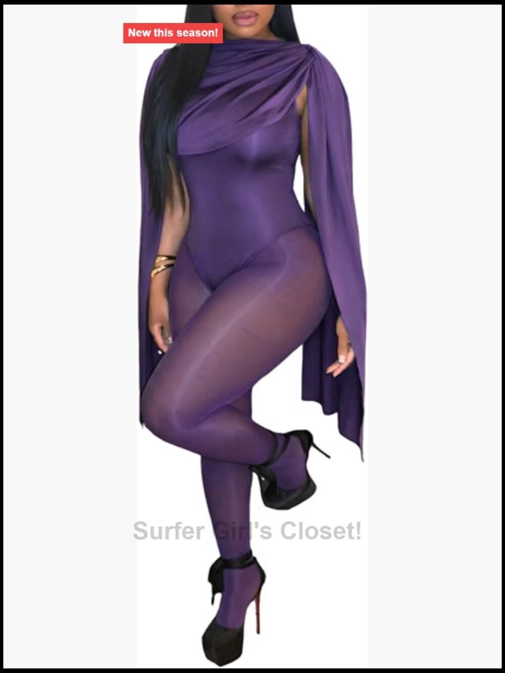 Women's 2 Piece Outfit Cowl Neck Draped Cape Bodysuit with Mesh Tights Set
